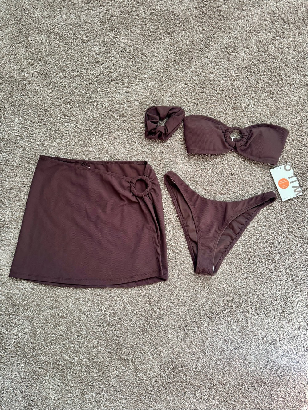 WILO The Label Chocolate 3-Piece Bandeau Bikini Set & Skirt XS NWT